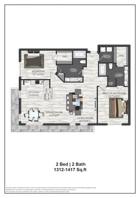 Floor plan for 2 beds, 2 baths, 1312 sqft